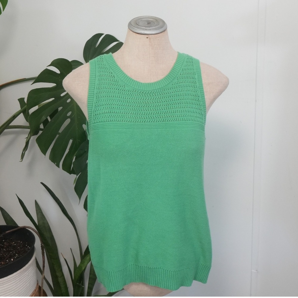 Loft Outlet Sweater Vest Womens Small Green Pointelle Knit Sleeveless Crew Neck